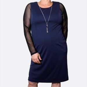 Navy Blue Sheath Dress with Detachable Tassel Necklace Plus Size 1X XL Office